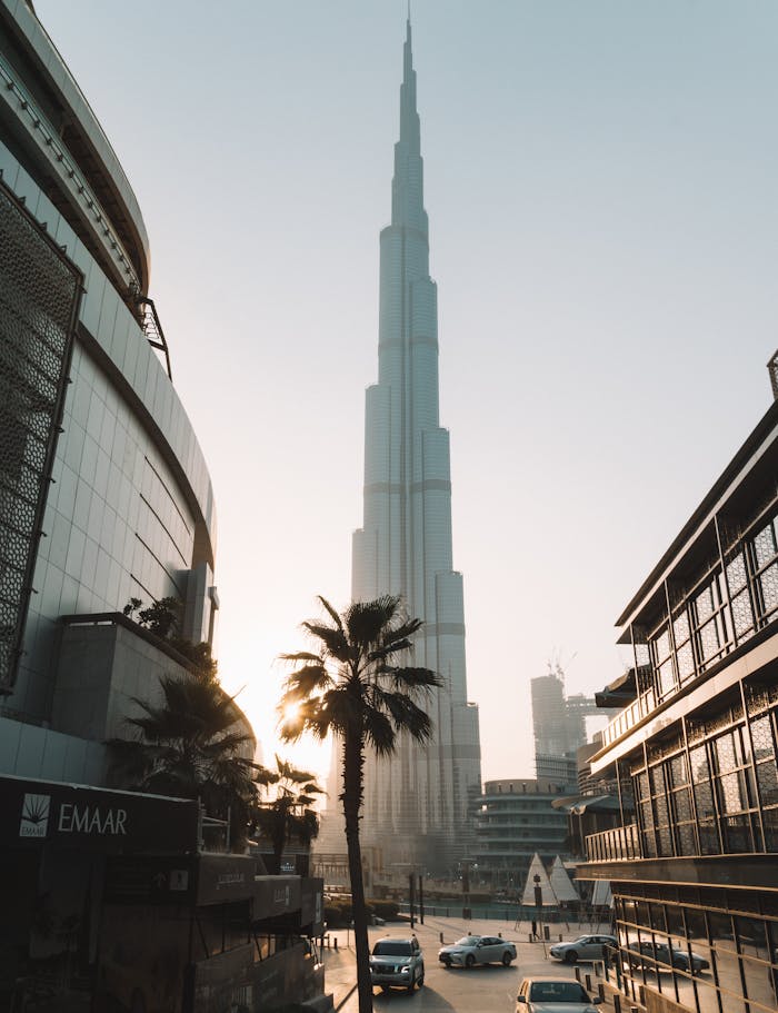 Stunning view of Burj Khalifa at sunrise in Dubai's vibrant downtown district.